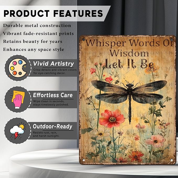 Vintage Dragonfly Metal Signs Whisper Words Of Wisdom Let It Be Dragonfly Art Metal Plaque Wall Decor Home Office Kitchen Garden Backyard Tin Sign 12 * 16inch