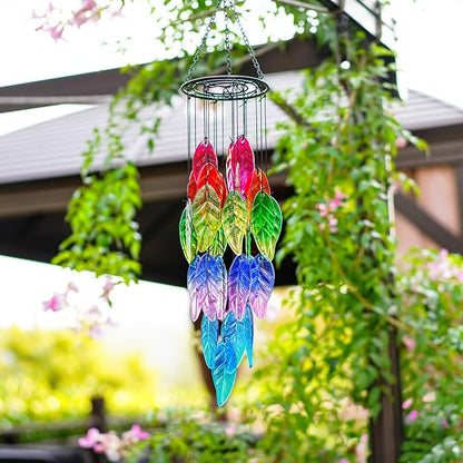 YU FENG 18 Inch Stained Glass Leaves Wind Chimes for Outside Garden | Handmade Glass Wind Chime, Forest Leaf Design, Rainbow Light Catcher, Patio Window Yard Hanging Decor