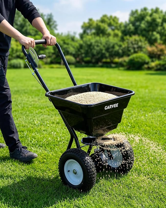 80 LBS Push Broadcast Spreader, 12FT Spreading Width, 13in All-Terrain Wheels, Adjustable Flow Control, Heavy Duty Walk Behind Lawn Spreader for Fertilizer, Grass Seed, Ice Melt, Salt