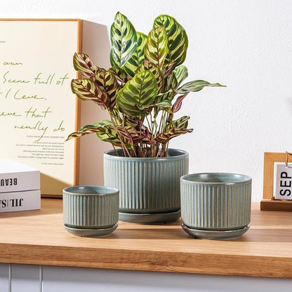 SURE YUESI Ceramic Plant Pots Set of 3, Indoor Outdoor Planters with Drainage Hole and Saucer, Ceramic Flower Pots for Indoor Plants, 4.3+5.5+6.8 Inch, Home, Garden, Patio and Office, Matte Green