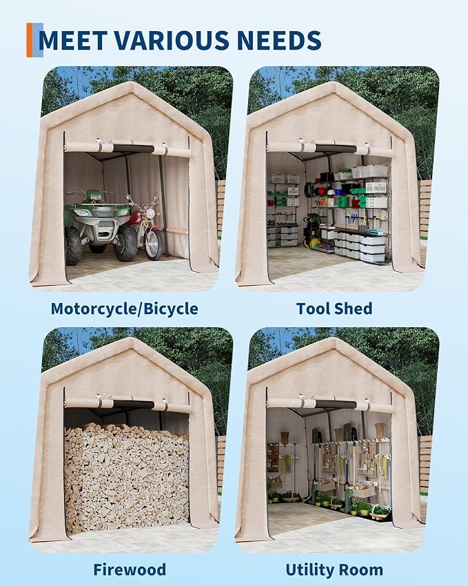 10X15 Ft Heavy-Duty Portable Outdoor Storage Shed with Roll-Up Door & Vent, 240g Waterproof PE Tarp & UV Protection, Carport Storage Shelter for Motorcycles, Firewood, Garden Tools - Khaki