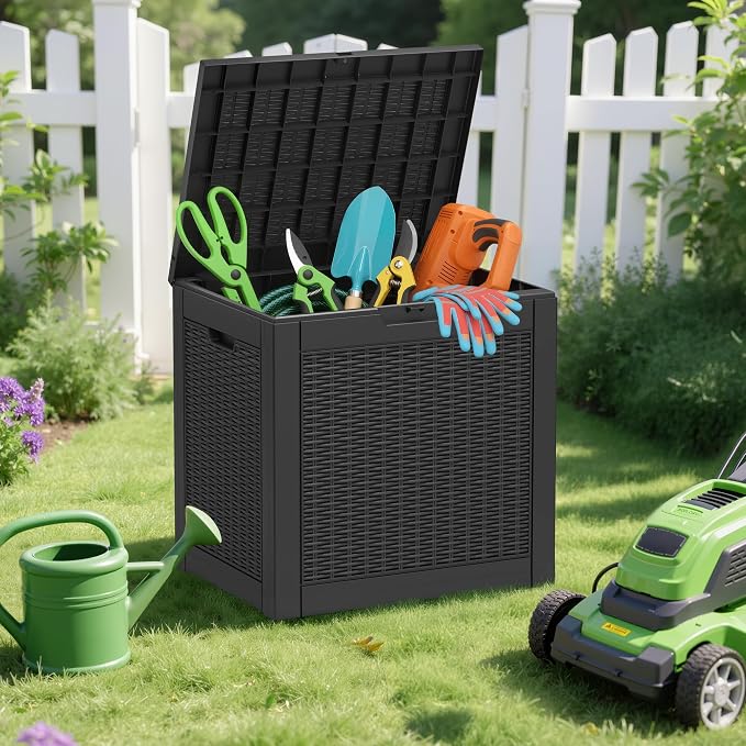 Outdoor Storage Box, 32 Gallon Deck Box with Lockable Lid, Waterproof Resin Storage Bin for Patio Furniture, Garden Tools, Cushions, Black