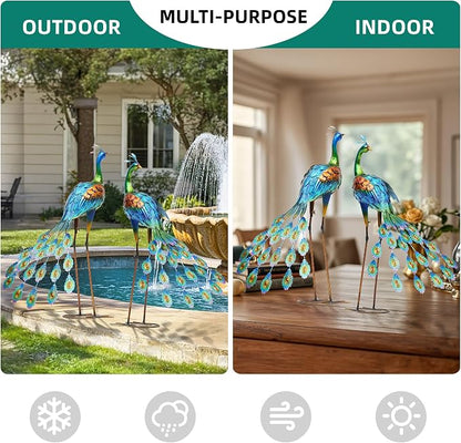 Oversized Peacock Decor Set of 2, 32" Outdoor Metal Yard Art | Hand-Painted Metal Peacock Sculpture. Weatherproof Garden Art for Lawn, Flower Beds, Patio, Backyard, or Indoor Home Decor.