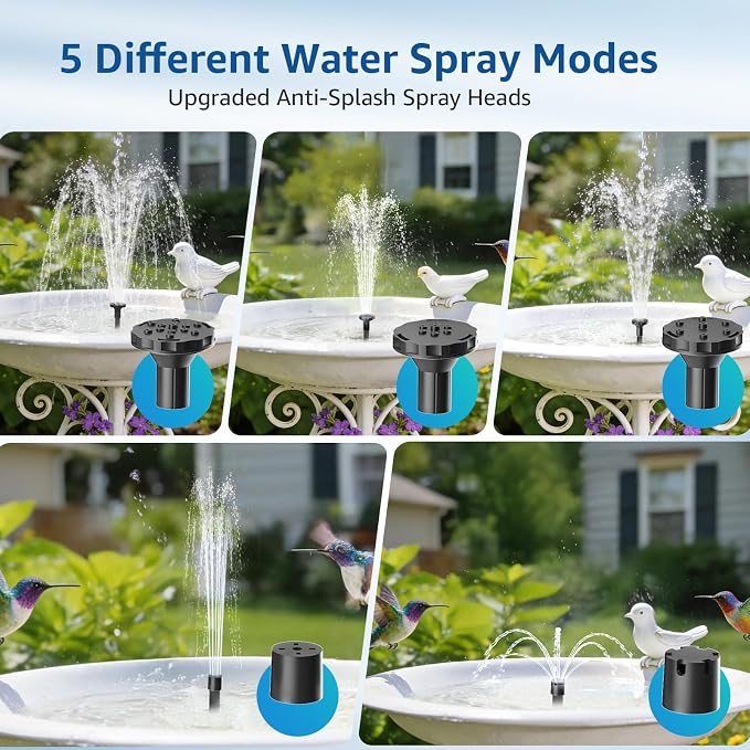 Solar Fountain Pump for Bird Bath, 5.5W Solar Pond Pump with 9.8ft Power Cord, 5 Spray Modes & 4ft Hose, Dry-Run Protection Solar Water Pump for Small Pond Fish Tank Garden Water Features