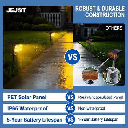 JEJOT Solar Lights Outdoor Waterproof IP65, Super Bright LED, 3000K 2 Lighting Modes, Solar Powered Yard Garden Solar Spot Lights for Outside Landscape Auto On/Off -2 Pack