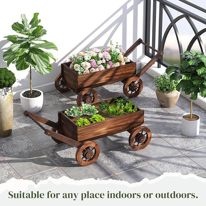 Wooden Wagon Garden Planter Cart with Wheels Rustic Flower Pot – Indoor Outdoor Patio Backyard Balcony Decor for Flowers and Plants(Large)