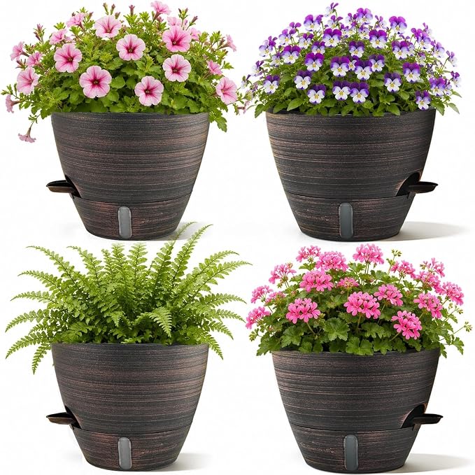 ZMTECH 10 Inch Self Watering Pots for Indoor/Outdoor Plants, 4 Pack Bronze Large Plastic Planter with Water Level Indicator, Drainage Hole & Removable Saucer for Garden Flowers, Deco Plant Container