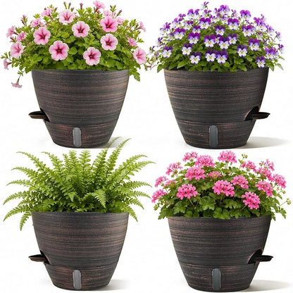 ZMTECH 10 Inch Self Watering Pots for Indoor/Outdoor Plants, 4 Pack Bronze Large Plastic Planter with Water Level Indicator, Drainage Hole & Removable Saucer for Garden Flowers, Deco Plant Container