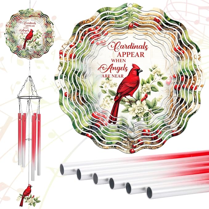 Cardinal Gifts Wind Chimes - Metal Windchimes with 3D Wind Spinner | Outdoors Garden Patio Lawn Yard Indoor Balcony Decor Home Art Hanging Birthday Gift for Women Men Mom Grandma Friends