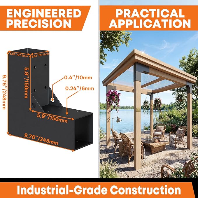 4 Pcs Pergola DIY Bracket Kits, 2-Way L Shaped Corner Brackets for 4" x 4"(Actual:3.5" x 3.5") Indoor and Outdoor Wood Post Structures, DIY 90° Right Corner Brackets, for Gazebos, Patios, Porchs