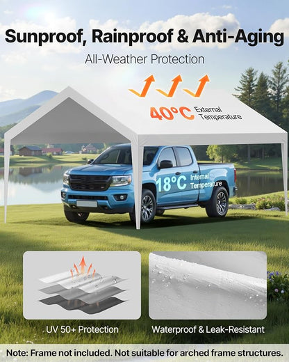 VEVOR Carport Replacement Canopy Cover, 12 x 20 ft Potable Garage Tent Top Tarp, UV-Resistant & Waterproof Car Shelter Tarp, Heavy Duty Car Port Cover with Ball Buggees, White, Frame Not Included