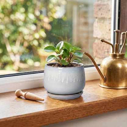 4 Inch Planter - Ceramic Plant Pots for Indoor Plants, Round Succulent Pots with Drainage and Saucer, Decorative Small Planter, Home Desktop Decor, Gardening Gifts for Women, Grey-White