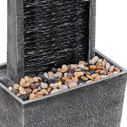 Teamson Home 38.5" Faux Slate Contemporary Outdoor LED Waterfall Fountain with Pebble Base, Gray/Black | Contemporary, Pebble Base