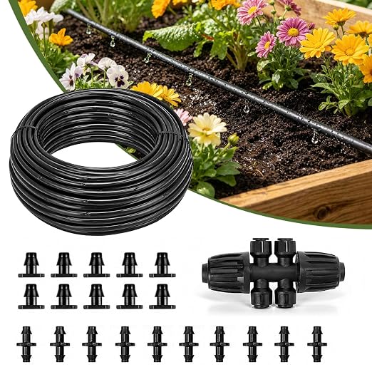 1/4" Drip Irrigation Dripline Tubing 100FT, Built-in 0.5 GPH Emitters Every 6", Drip Line with 1/4" Fittings, Saving 80% Water, No Extra Drippers Needed for Raised Bed Garden Rows Flower Beds