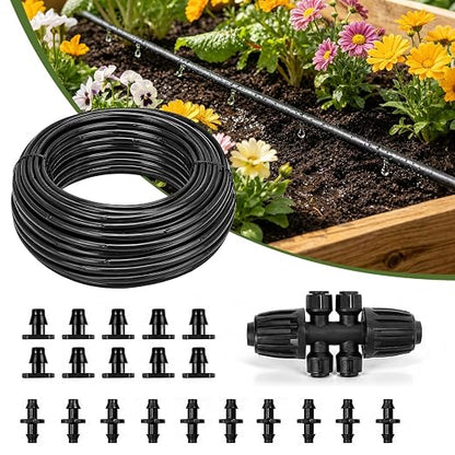 1/4" Drip Irrigation Dripline Tubing 100FT, Built-in 0.5 GPH Emitters Every 6", Drip Line with 1/4" Fittings, Saving 80% Water, No Extra Drippers Needed for Raised Bed Garden Rows Flower Beds