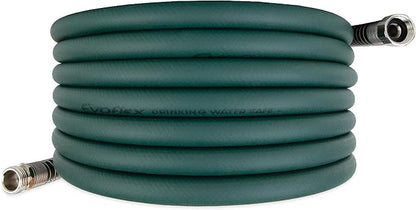 Camco EvoFlex 25-Ft Water Hose - RV Drinking Water Hose Contains No Lead, No BPA & No Phthalate - Flexible Design w/Stainless Steel Strain Relief Ends - 5/8” Inside Diameter, Green22581)
