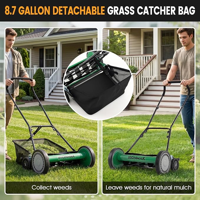 IRONMAX 18 Inch 5-Blade Push Reel Lawn Mower, 9-Level Adjustable Cutting Heights, Removable Grass Catcher, Lightweight No Motor Walk-Behind Manual Grass Cutter for Garden Yard Park (Green, 18 Inch)