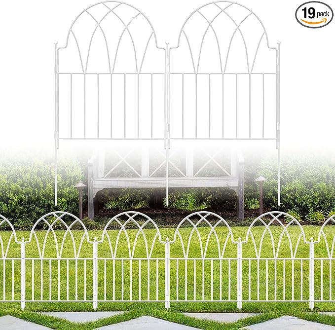 Garden Fence Panels - 17 in(H) x 20.07ft(L) White Metal Fence No Dig Decorative Fence with Stakes Animal Barrier Fence for Dogs, Flower Bed Edging Wire Border for Yard, Patio, Outdoor Decor