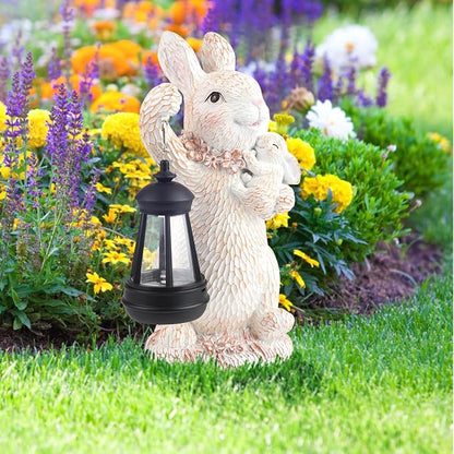 Solar Garden Statues Rabbit Lights, Outdoor Lighted Bunny Garden Decor Waterproof Figurines for Patio Porch Balcony Yard Lawn Lantern, Unique Easter Gifts for Mom Grandma Mother
