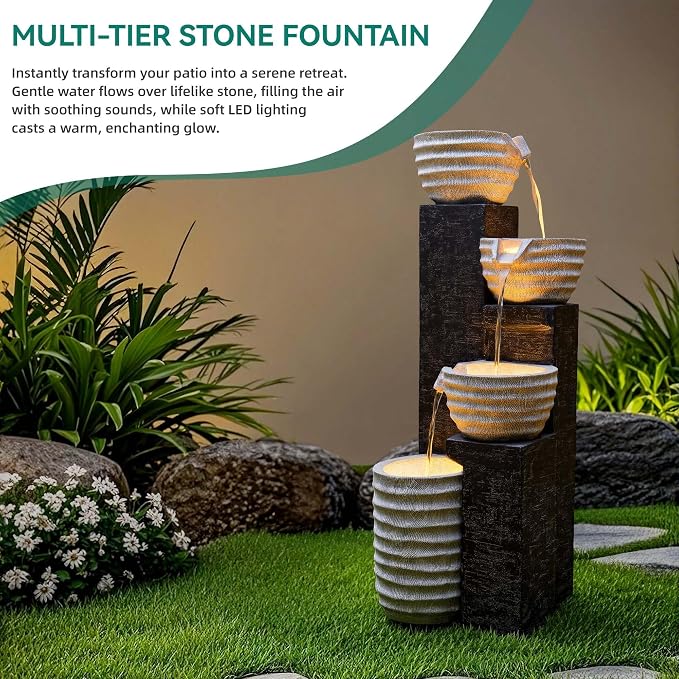 40" H Outdoor Water Fountain with LED Lights & Pump | Sand-Textured Freestanding Garden Fountain, Multilayer Cascading Polyresin Fountain for Tranquil Garden, Patio or Porch