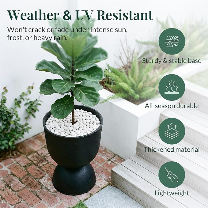 KOL Planters Flower Pots, Large Plastic Urn Planters for Indoor Outdoor Plants, Black Pedestal Planter Pots, 23 Inch Tall Decorative Planters with Drainage Holes & Plugs for Patio Garden, 1 Pack
