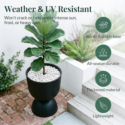 KOL Planters Flower Pots, Large Plastic Urn Planters for Indoor Outdoor Plants, Black Pedestal Planter Pots, 23 Inch Tall Decorative Planters with Drainage Holes & Plugs for Patio Garden, 1 Pack