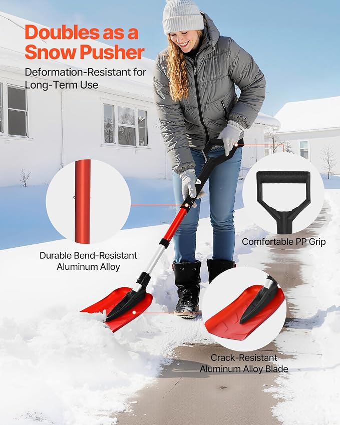 VEVOR Snow Shovel for Driveway, 9 in Foldable Snow Shovel with D-Shaped Handle, 36-40 in Adjustable, Lightweight Aluminum Alloy Snows Removal Tool, Reduce Back Strains for Garden Car Camping