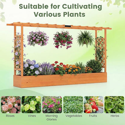 Giantex Wooden Raised Garden Bed with Trellis & Hanging Roof, Fir Wood Planter Box, 45” Freestanding Elevated Garden Bed for Outdoor Climbing Plants Vegetables Flowers, Patio & Balcony, Orange