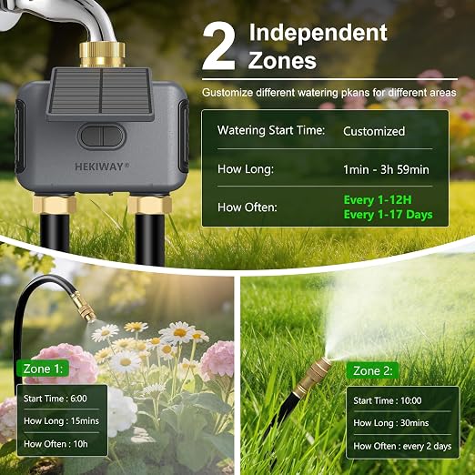 120FT Drip Irrigation System with WiFi Solar Water Timer, Automatic Garden Watering Kit with Dual Metal Tube Brass Connectors, 360° Adjustable Nozzles for Garden, Greenhouse & Lawn