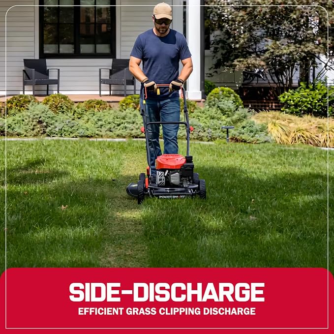 PowerSmart EasyCut 18-Inch Gas Lawn Mower, 144cc OHV Engine, Steel Deck, Side Discharge, 5-Position Dual-Lever Height Adjustment, Push Mower for Small Yards