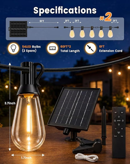 Solar String Lights Outdoor Waterproof, 120FT(2*60) 52 LED S14 Shatterproof Edison Bulbs, 2FT Spacing, 3 Modes, Dimmable, Timer, USB Solar Powered Hanging Patio Lights for Outside, Backyard