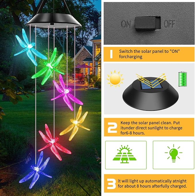 Dragonfly Solar Wind Chimes Outdoor, Color Changing Solar Lights, | Gifts for Mom Grandma, Waterproof Decorative Mobile Light, Gardening Gift for Garden,Patio, Window, Yard, Outdoor Decor