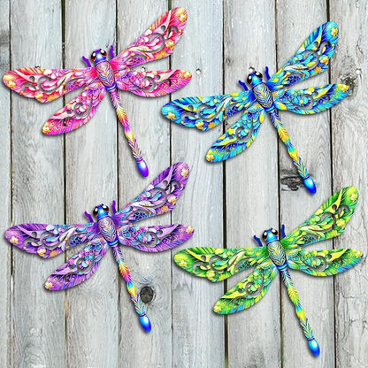 Metal Dragonfly Wall Decor, 4 Pcs Metal Dragonflies Wall Art Hanging Sculptures Decorations for Outdoor Decor, Fence Garden Yard Patio Exterior Decor Rust-Proof Weatherproof