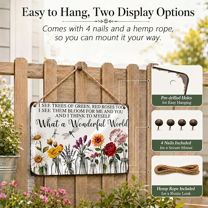 Vintage Flower Garden Metal Sign, 8x12 In Rustic Tin Wall Decor | floral metal sign with rope and 4 pins for garden, porch, patio, fence, farmhouse and home wall decor