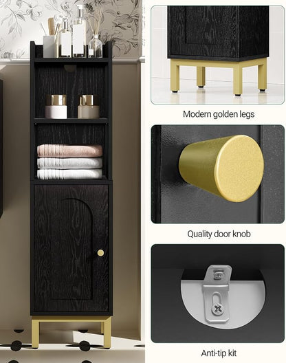 Hzuaneri Bathroom Storage Cabinet, Small Corner Floor Cabinet with Door and Shelves, Narrow Toilet Paper Holder, Bathroom Organizer with Adjustable Shelf, for Small Spaces, Black BC38204GV1