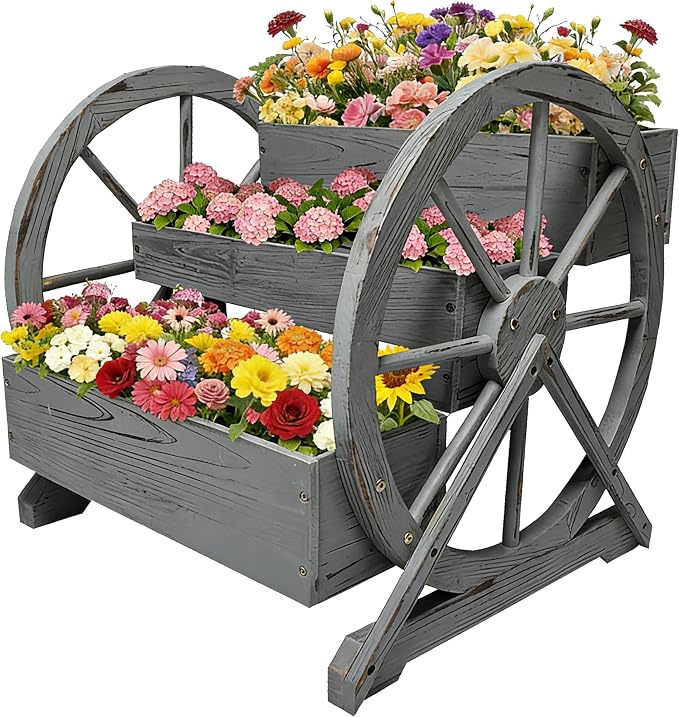 3 Tier Large Wooden Wagon Planter Box|Outdoor Planter/Flower Pot for Indoor&Outdoor Plants-Rustic Garden Planter for Patio,Porch&Garden Decor-Raised Garden Bed for Succulents,Herbs,Vegetables