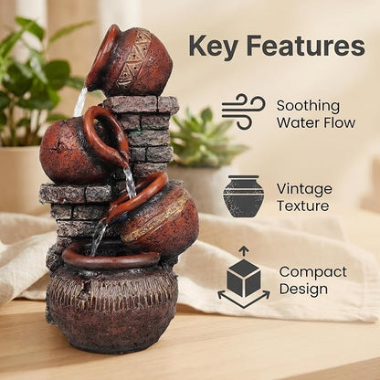 Indoor Desktop Fountain with Led Light - Layered Rock Waterfall Fountain, 13.77 x 5.9 x 5.9 inches, Silent Tabletop Water Feature Decor for Relaxation