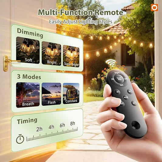 addlon 33(27+6) FT Solar String Lights Waterproof,Patio Light Solar Powered with Remote& USB Port 9+1 LED Shatterproof Bulbs 3 Lighting Modes Outdoor for Camping Backyard Garden