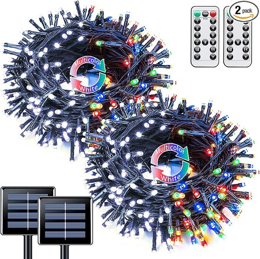 JMEXSUSS 2 Pack Solar String Lights Outdoor Waterproof, Total 66 FT 200 LED Solar Christmas Lights Outdoor, Twinkle Light for Christmas Tree Outside Garden Yard Xmas Decor, White to Multicolor
