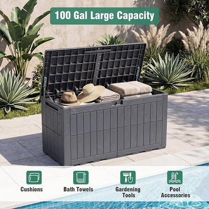 Tangkula 100 Gallon Outdoor Storage Box, Waterproof PP Resin Patio Storage Box with Lockable Lid for Indoor & Outdoor Use, 2-in-1 Rattan Design Deck Box for Cushions, Garden Tools