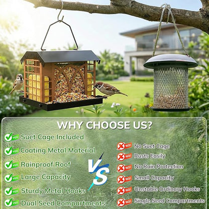 Bird Feeders for Outdoors Hanging, Metal Bird Feeder with Double Suet Cage Weatherproof Metal Roof, 3.5Lbs Large Capacity Great for Attracting Finch Cardinal Chickadee Wild Birds, Pinecone Brown