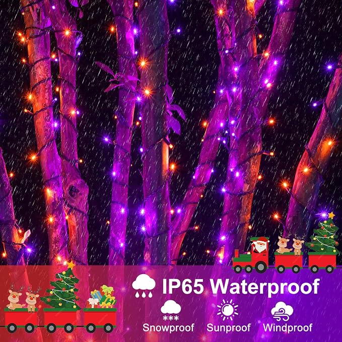 Orange and Purple Halloween Lights, 66FT 200 LED Outdoor String Lights Waterproof with 8 Modes, Connectable Plug in Christmas Light for Outside Indoor Home Garden Patio Party Holiday Decorations