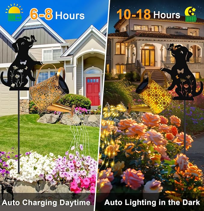 Solar Lights Outdoor Decorative, Watering Can with Cascading Lights, with Dog Silhouette Garden Stakes, Waterproof Metal Garden Decor Mom Christmas Gifts 2 Pack