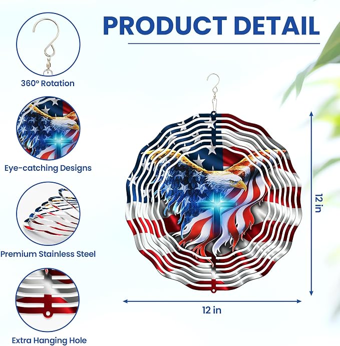 FLAGWIX American Eagle Decorations - 3D Stainless Steel Metal Wind Spinners 12 in - 4th of July Decorations for Window Yard Garden Patio, Patriotic Outdoor Decor, Eagles Gifts for Men Women Friends