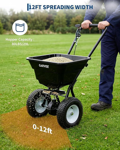 80 LBS Push Broadcast Spreader, 12FT Spreading Width, 13in All-Terrain Wheels, Adjustable Flow Control, Heavy Duty Walk Behind Lawn Spreader for Fertilizer, Grass Seed, Ice Melt, Salt