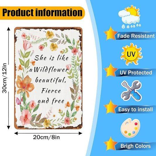 Garden Gifts She ls Like A Wildflower Beautiful Fierce And Free Tin Sings-Funny Garden Signs for Outside,Wildflower Wall Art Office Decor Mothers Grandmas and Housewarming 8x12inch