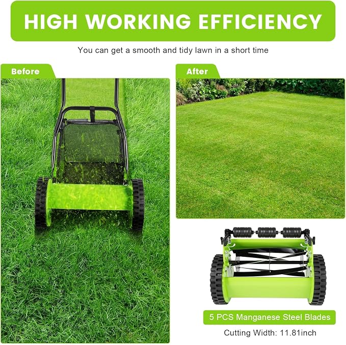 Manual Reel Push Mower, Push Lawn Mowers Manual with Grass Catcher, Push Reel Lawn Mower 12 Inch 5-Blade, Adjustable Cutting Height