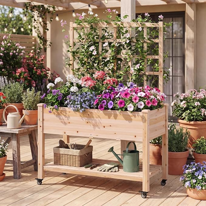 HAPPYGRILL Wooden Raised Garden Bed with Trellis, 65'' Elevated Planter Box w/Legs on Wheels, Liner & Drainage Holes for Climbing Plant Vegetable Flower, Outdoor Garden Box for Backyard Balcony (1)