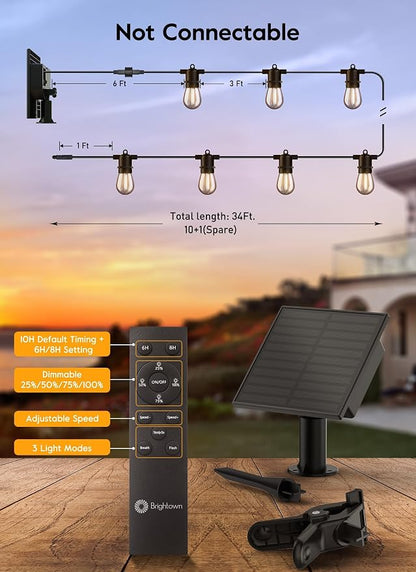 Minetom 34FT Solar String Lights Outdoor with Remote, Patio Lights with 10 LED Shatterproof Bulbs and Hooks, E26 Socket and Type-C Port, Waterproof Hanging Lights for Outside Cafe Garden Bistro