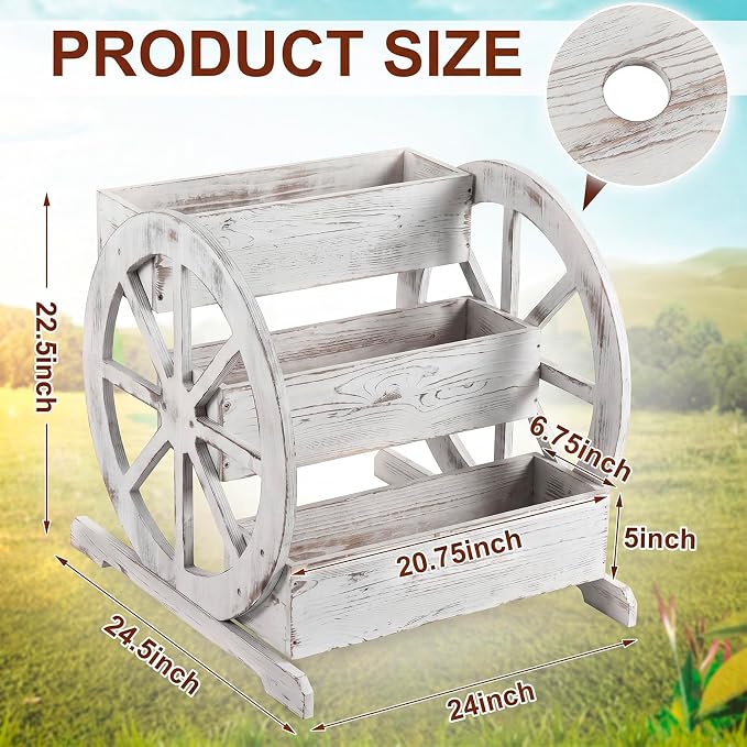 Beeveer Wooden Wagon Planter Box Garden Planter for Outside with Drainage Holes Decorative for Patio Garden Balcony Vegetables Flowers Herbs (Washed Antique White)